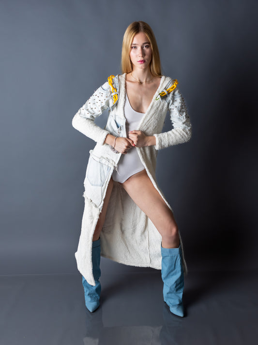 “Not Toy” – Plush White Cardigan with Denim Spikes, Chains & Toy Patch Back