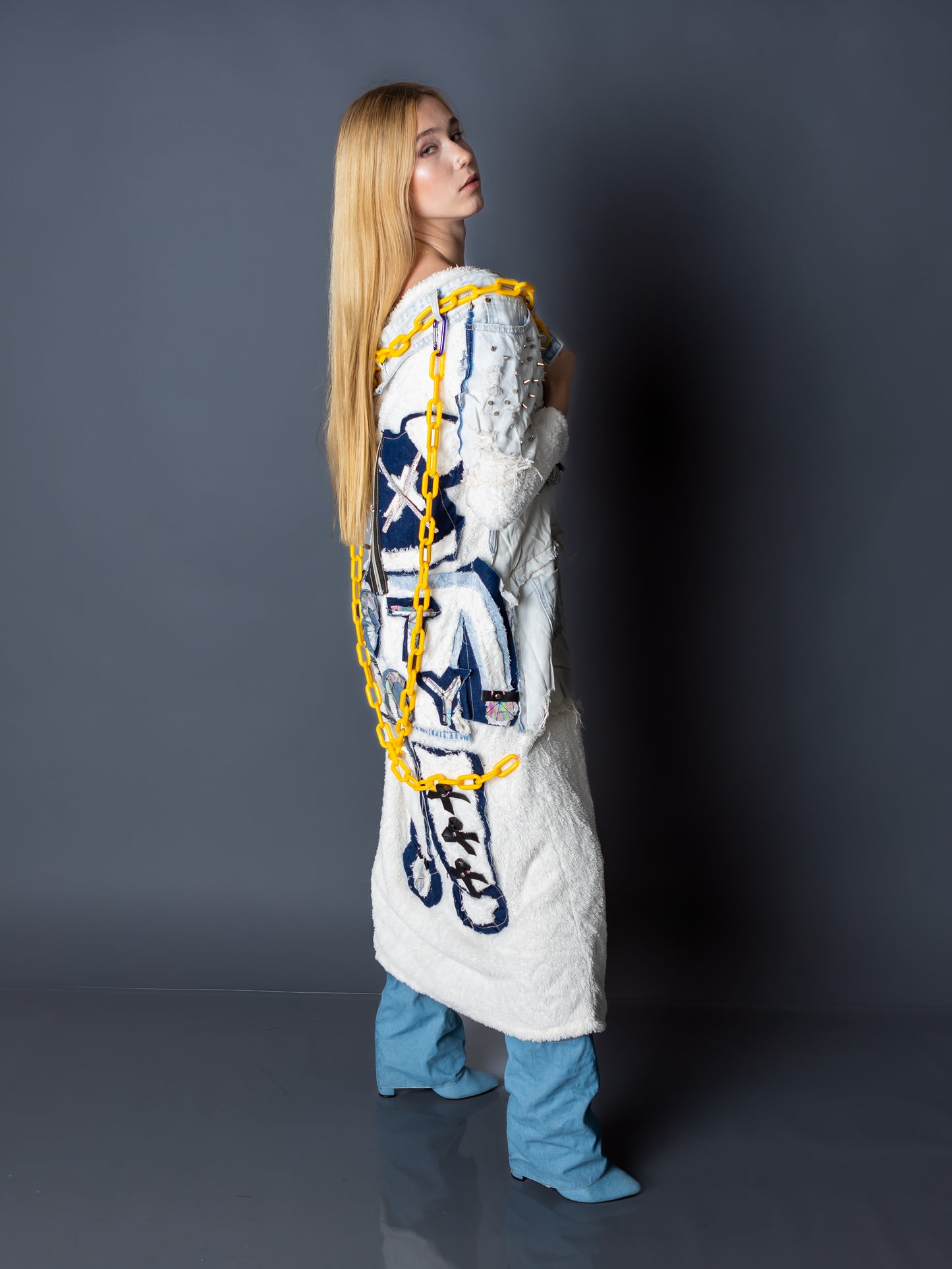 “Not Toy” – Plush White Cardigan with Denim Spikes, Chains & Toy Patch Back