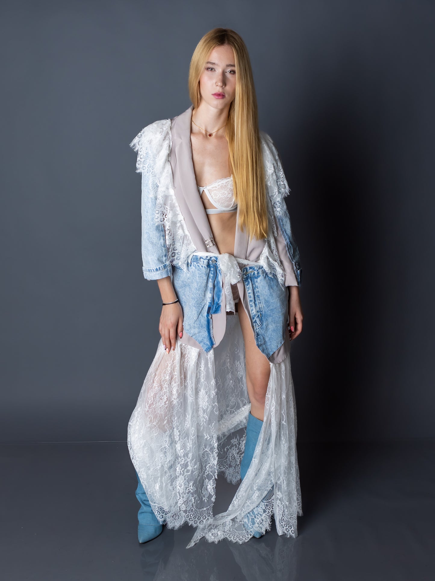 "Rebel Grace "– Nude Blazer Dress with Denim & Lace