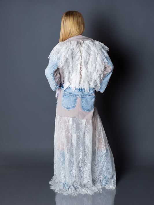 "Rebel Grace "– Nude Blazer Dress with Denim & Lace