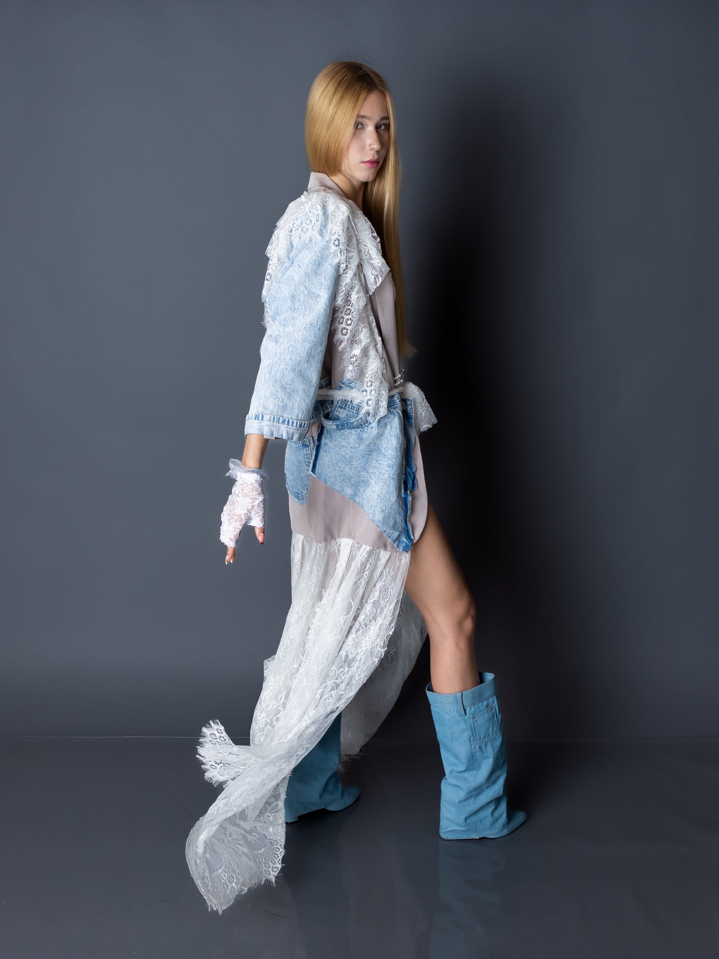 "Rebel Grace "– Nude Blazer Dress with Denim & Lace