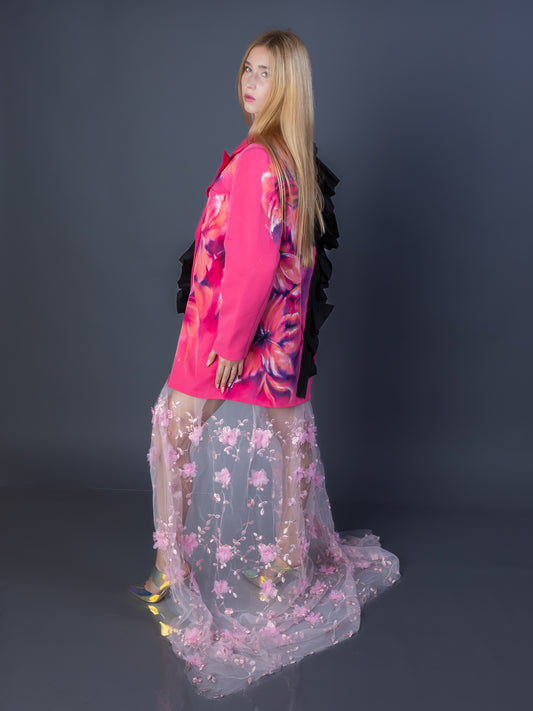 "Paint Me Softly" Hand-Painted Blazer Dress with Ruffles & Chiffon Skirt