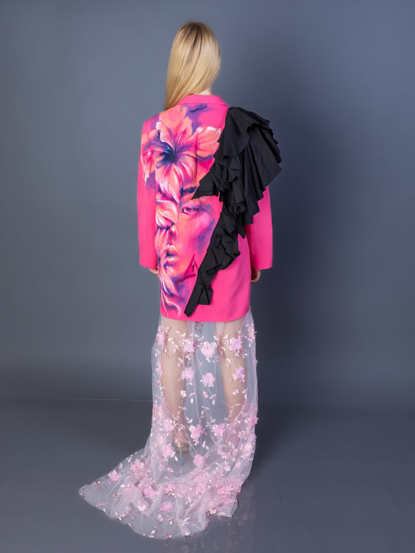 "Paint Me Softly" Hand-Painted Blazer Dress with Ruffles & Chiffon Skirt