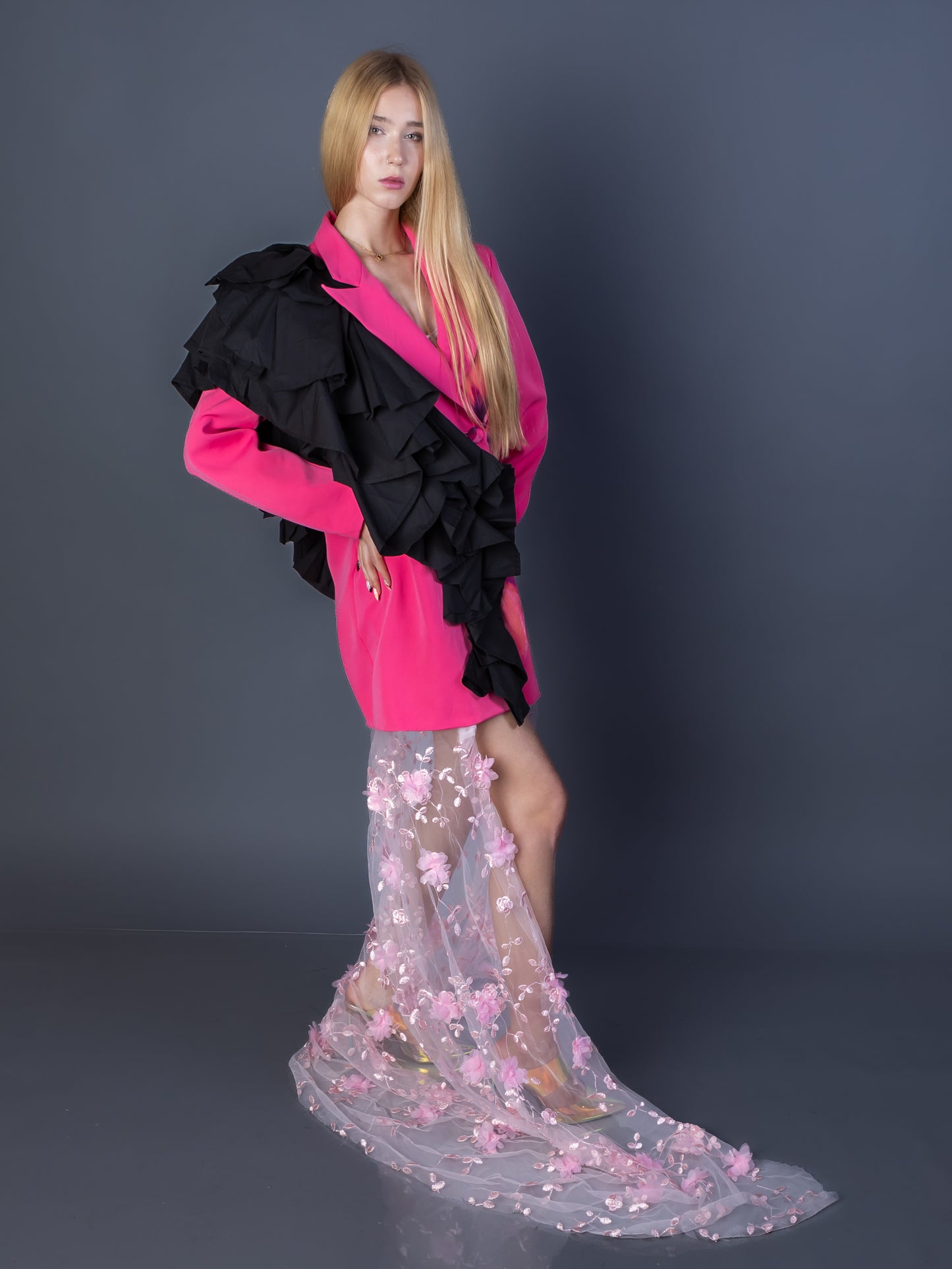 "Paint Me Softly" Hand-Painted Blazer Dress with Ruffles & Chiffon Skirt