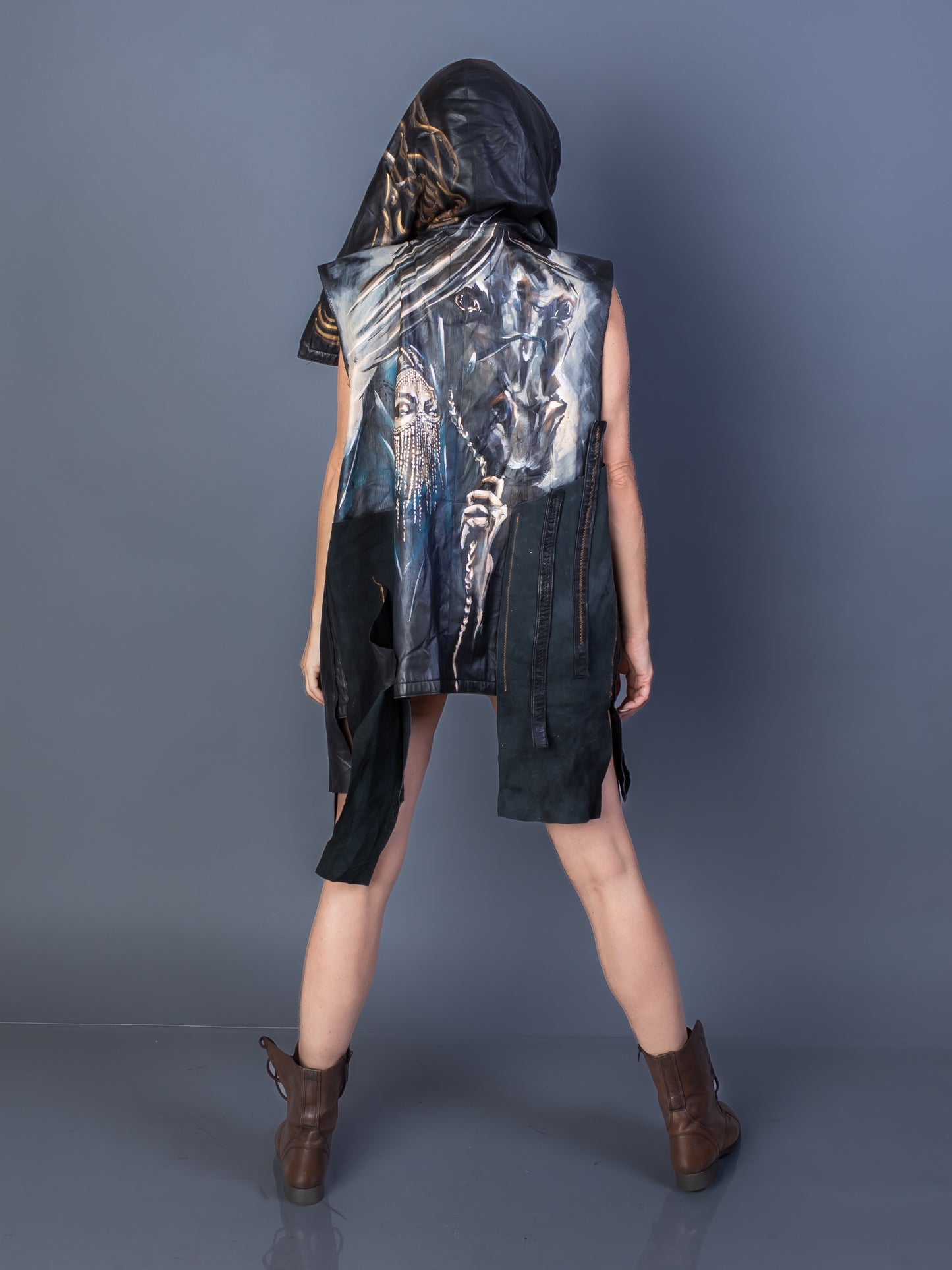 “Desert Verse” – Hand-Painted Hooded Leather Vest with Calligraphy & Chains