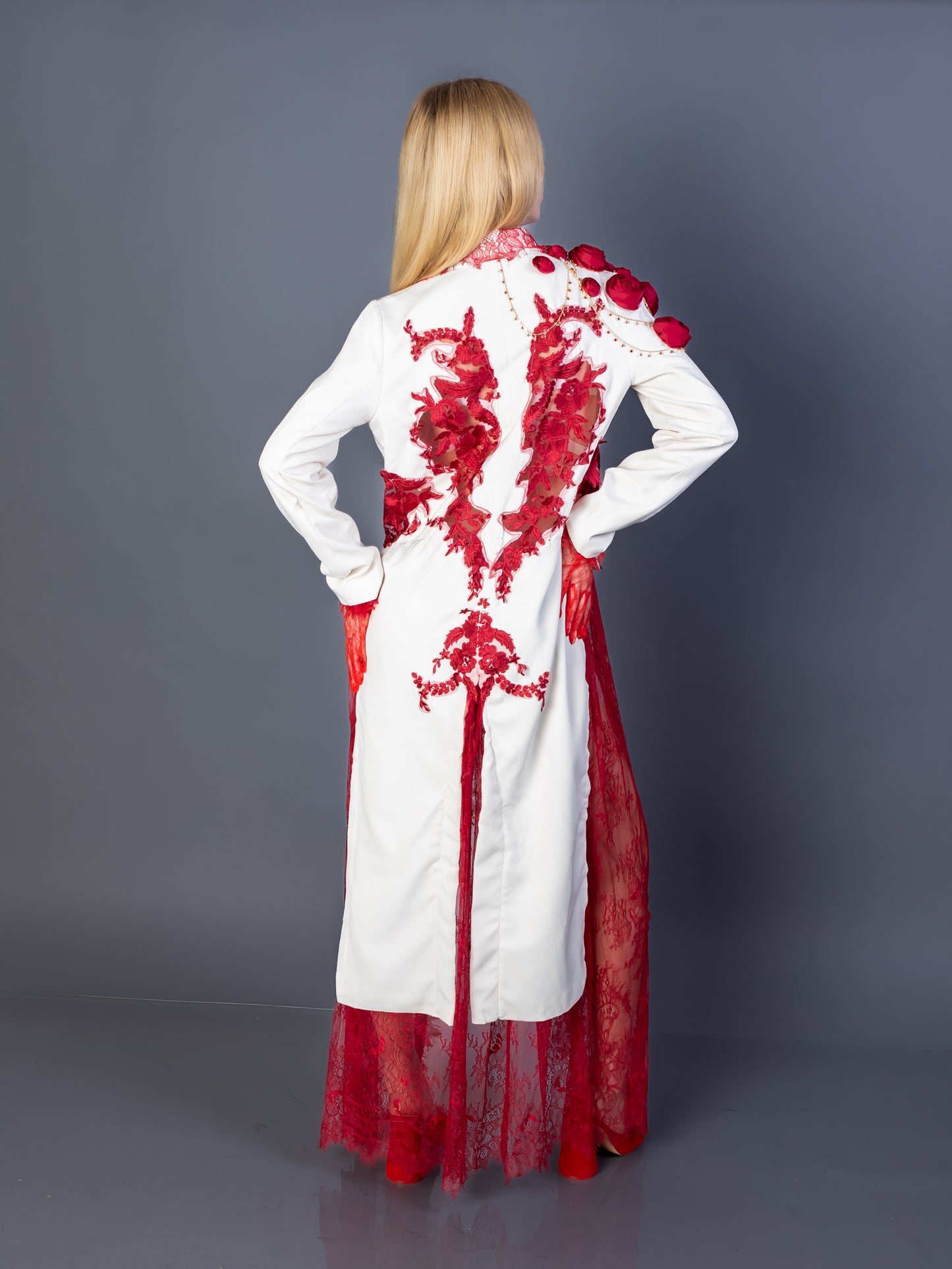 "Scarlet Reign"-Couture Blazer Dress with Red Lace & Gold Detail