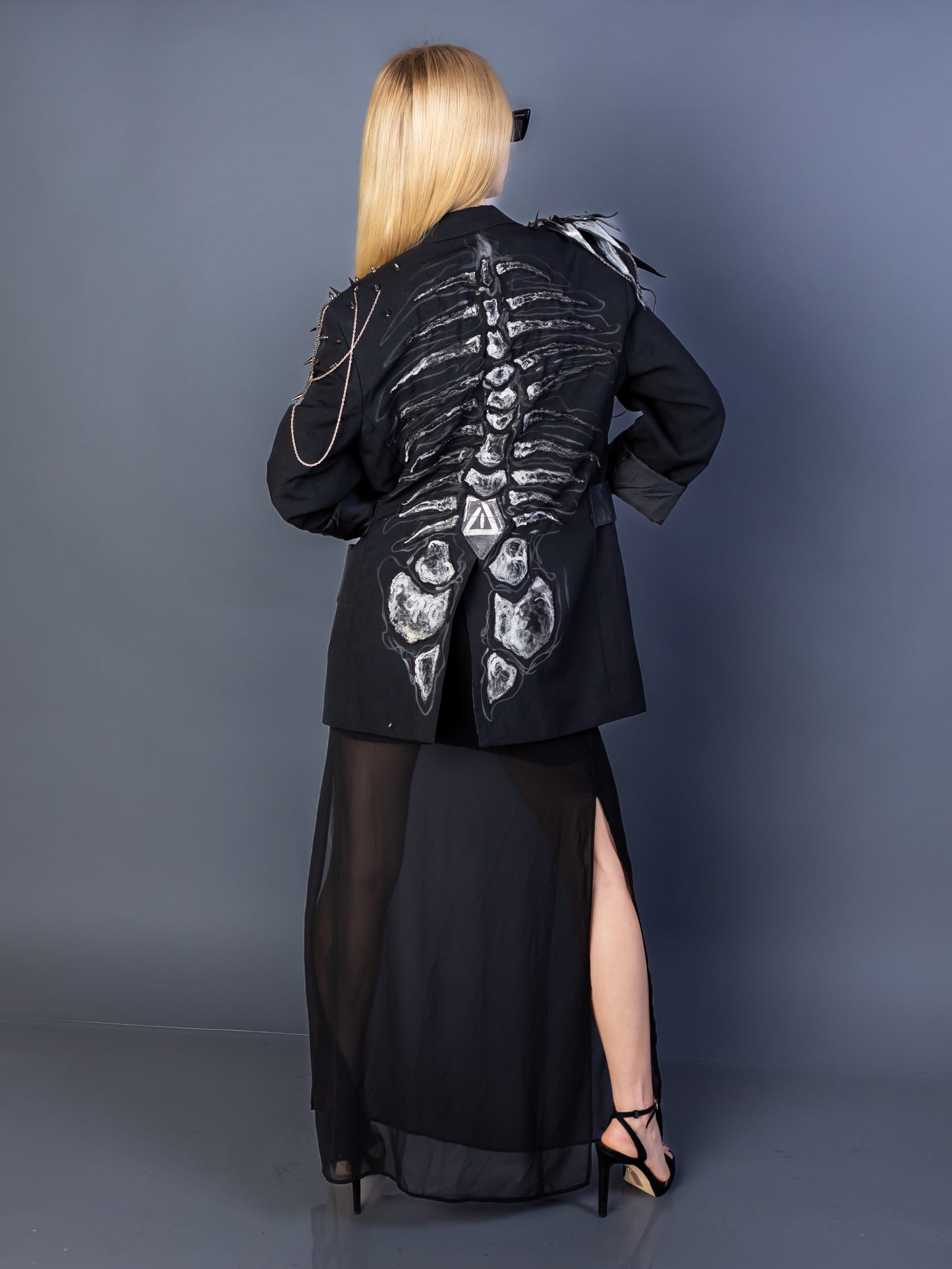 “Spine of Shadows” – Oversized Black Blazer with Leather Bones & Chains