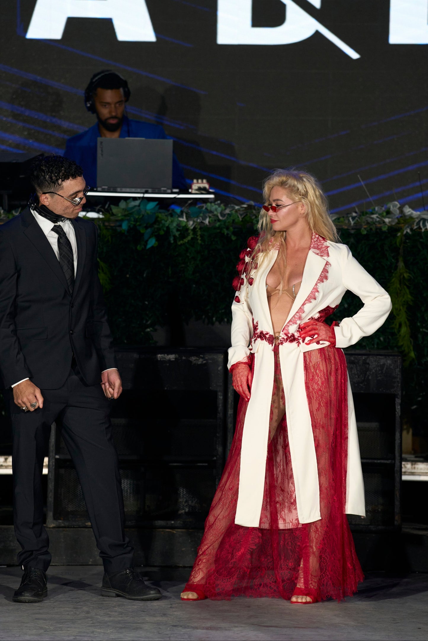 "Scarlet Reign"-Couture Blazer Dress with Red Lace & Gold Detail