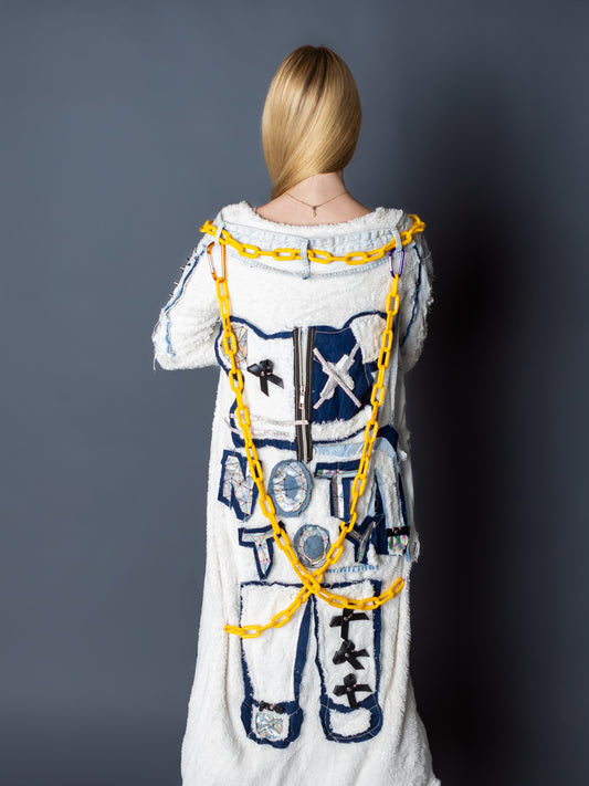 “Not Toy” – Plush White Cardigan with Denim Spikes, Chains & Toy Patch Back