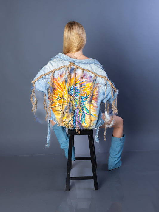 “Freedoom” Denim Jacket – Hand-Painted Native Girl, Jute Braids & Real Feathers