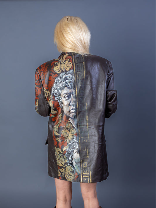 “Apollo Jacket” – Hand-Painted Leather Blazer with Floral Motif & Michelangelo Detail