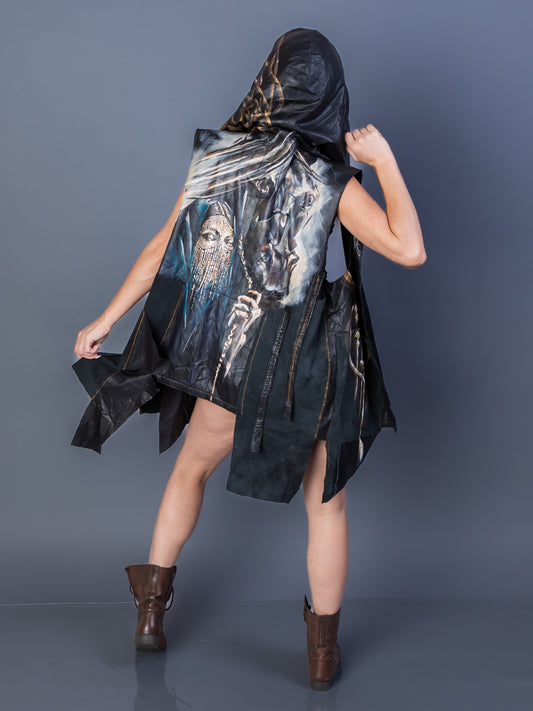 “Desert Verse” – Hand-Painted Hooded Leather Vest with Calligraphy & Chains