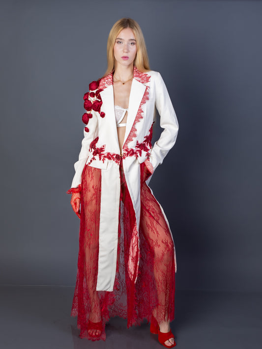 "Scarlet Reign"-Couture Blazer Dress with Red Lace & Gold Detail