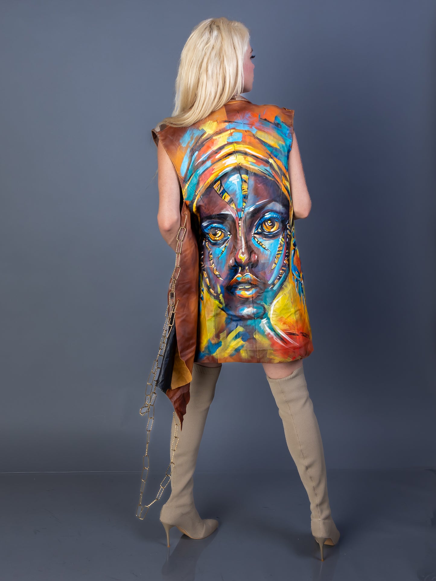 “Tribe:X” – Asymmetric Leather Vest with Afro-Futurist Face Art & Chain Mask