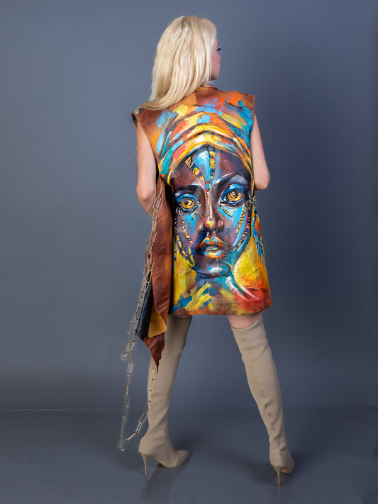 “Tribe:X” – Asymmetric Leather Vest with Afro-Futurist Face Art & Chain Mask