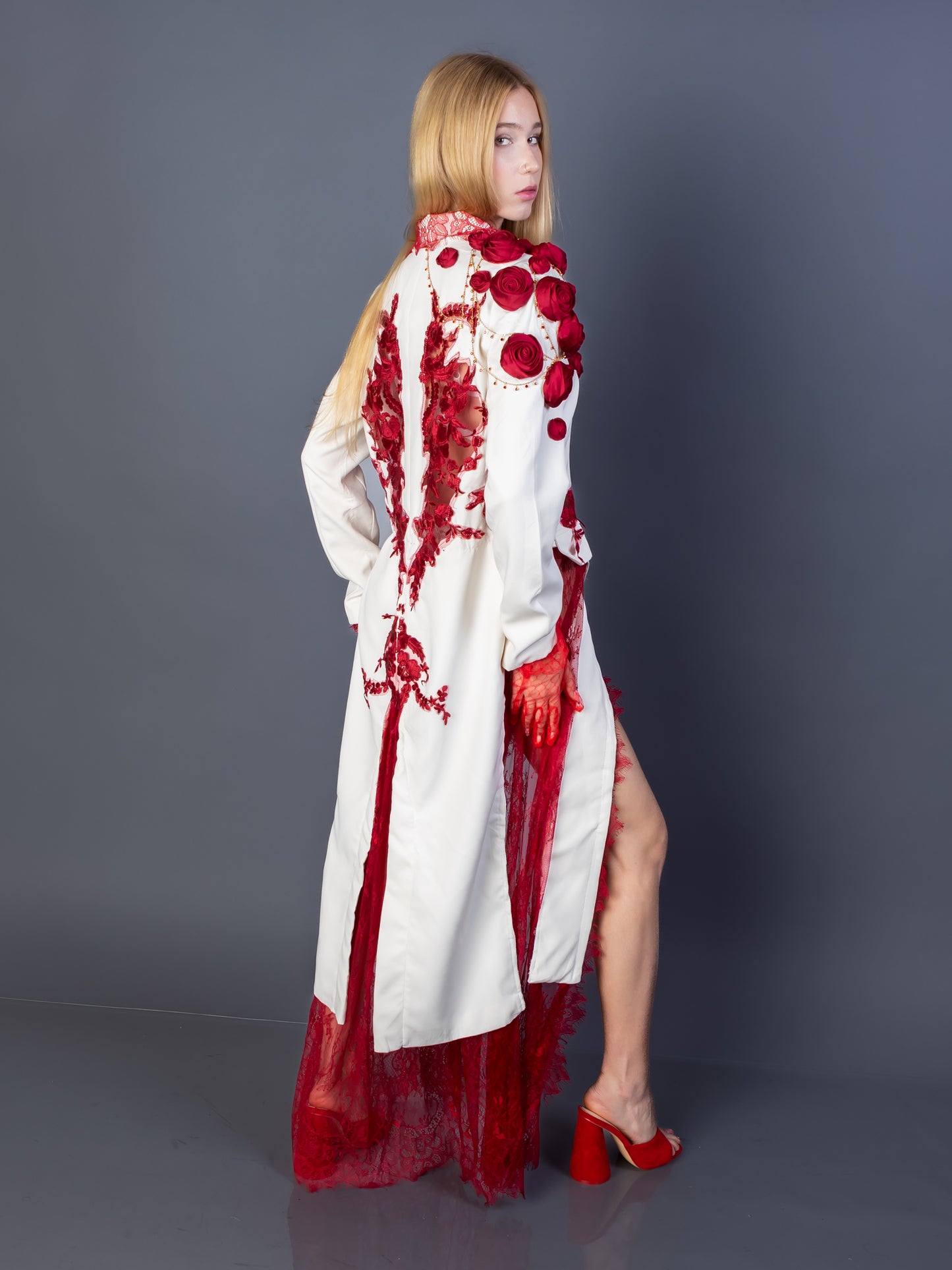 "Scarlet Reign"-Couture Blazer Dress with Red Lace & Gold Detail