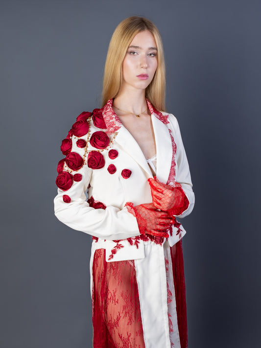 "Scarlet Reign"-Couture Blazer Dress with Red Lace & Gold Detail